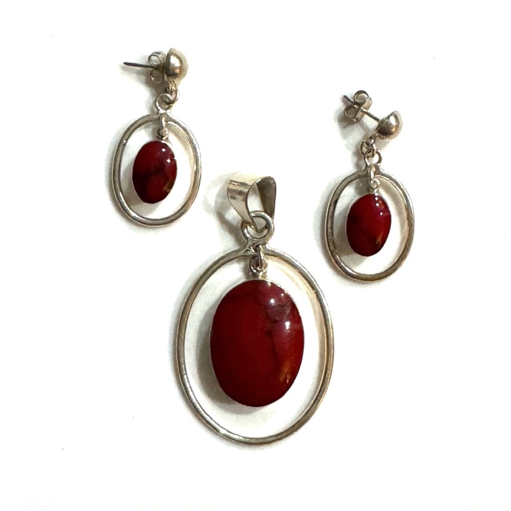 Vintage Mexican Red Dyed Howlite Sterling Silver Pendant & Earring Set